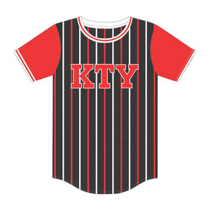 Maillot de baseball personnalisé KAP noir à rayures fines, 100 % polyester, en maille, avec logos brodés appliqués - Product Image 2