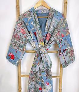 Classique femmes vêtements dames plage fête anniversaire tenues dans Style indien bloc impression Kimono Kantha à la main peignoir robe - Product Image 6