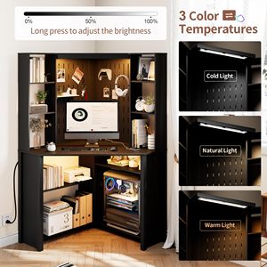Escritorio de Computadora Esquinero Negro Moderno con Luces LED, Escritorio para Juegos <span class=keywords><strong>en</strong></span> Forma de L con Estantes de Almacenamiento y Panel Perforado para Espacios <span class=keywords><strong>Pequeños</strong></span> y Oficina <span class=keywords><strong>en</strong></span> Casa - Product Image 6
