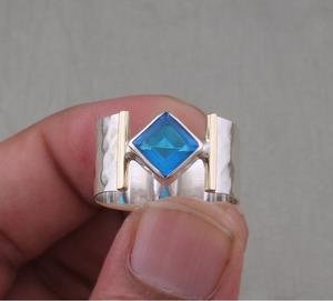 Topaze bleue Quartz solide 925 en argent Sterling large bande bague en pierres précieuses pierre bleue bijoux cadeau pour l'amour et maman - Product Image 4