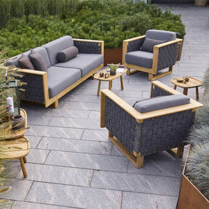 Modern Solid Teak Wood Garden Sofa Set with Handwoven Side Panels and <b>Outdoor</b> <b>Cushions</b> for Patio Villa Resort - Product Image 1