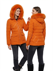 Latest Design Hooded Winter Short Puffer <b>Coat</b> Faux Fur Trim Warm Padded <b>Coat</b> Zipper Closure Front Pockets Slim Fit Puffer <b>Coats</b> - Product Image 6