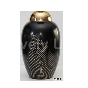 Engraved Gold Leaf Black Brass Cremation Adult Urn for Human Ashes Free <b>Velvet</b> <b>Bag</b> - Product Image 1