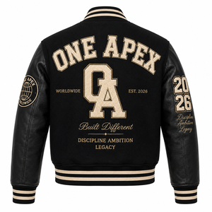 Blouson universitaire premium en cuir noir avec corps en laine et patchs brodés, style bomber, streetwear universitaire, fabricants OEM ODM - Product Image 2