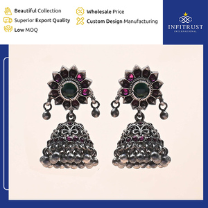 Globally Selling Best Quality Floral Custom Design Oxidised <b>Silver</b> Ruby Stone <b>Jhumka</b> Earrings for Women's Party Wedding Wear - Product Image 2