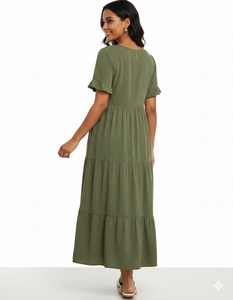 Robe midi à volants en crêpe doux de qualité supérieure pour femmes Unity Luxure avec col en V - Product Image 3