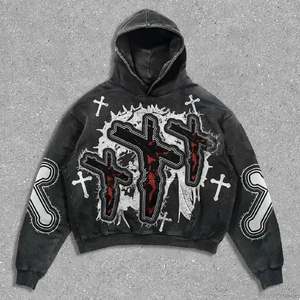 500GSM Heavyweight Y2K Streetwear Hoodie Acid Wash Cross Graphic Boxy Fit Oversized <b>Men</b> Sweatshirt <b>Pullover</b> Custom hoodies - Product Image 1