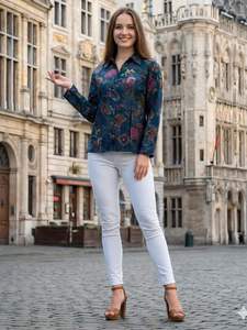 Camisa Elegante con Estampado Floral Coreano para Mujer, Tejido Modal de Ganchillo, Estilo Casual Vintage con Decoración de Botones, Uso Diario - Product Image 2