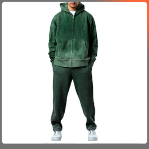 Logotipo personalizado 100% algodón polar Jogger trajes lavado ácido sol desteñido Zip up sudaderas con capucha y pantalones de chándal Jogger conjuntos chándales - Product Image 4