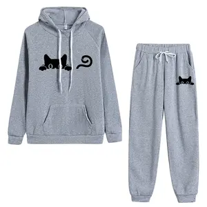 Conjunto de Sudadera con Capucha Informal de Algodón 100% para Mujer, Diseño de Gato, Estilo Urbano para Invierno, Pantalones para Gimnasio y Jogging, Oferta - Product Image 5