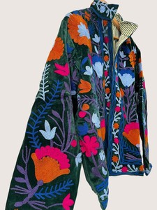 Veste en velours brodée florale bohème, col mandarin, manches longues, grande taille, vêtements d'extérieur pour femmes, automne, décontracté - Product Image 2