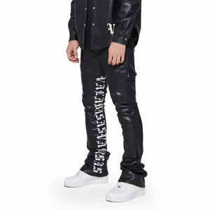 กางเกงวอร์มหนังสีดำสำหรับผู้ชายกางเกงวิ่งเอวกลางผ้าใบพร้อมโลโก้สตรีทแวร์กางเกงขาบานสำหรับ2025 - Product Image 2