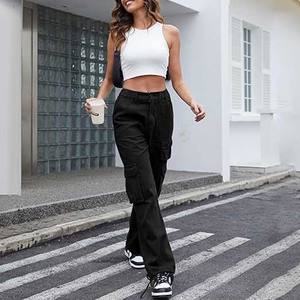 Pantalones Casual Algodón Táctico Senderismo Elástico Ancho Pantalones Cargo holgados de cintura alta para mujer Trabajo de combate de 7 bolsillos - Product Image 5