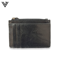 Dompet Kulit Sapi Asli Buatan Tangan Model Slim Unisex RFID Desain Terbuka Resleting Sekeliling Tempat Kartu Pendek Bergaris Besar