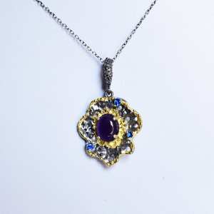 Cabochon ovale naturel améthyste kyanite pendentif 925 argent plaqué or collier floral cadeau d'anniversaire pour elle - Product Image 3