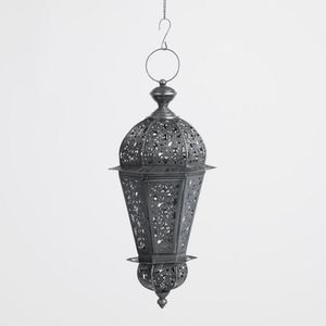 Green Glass Moroccan <b>Lantern</b> with Hexagonal <b>Black</b> Metal <b>Candle</b> Holder Embossed Panels and Ornate Cutouts - Product Image 3