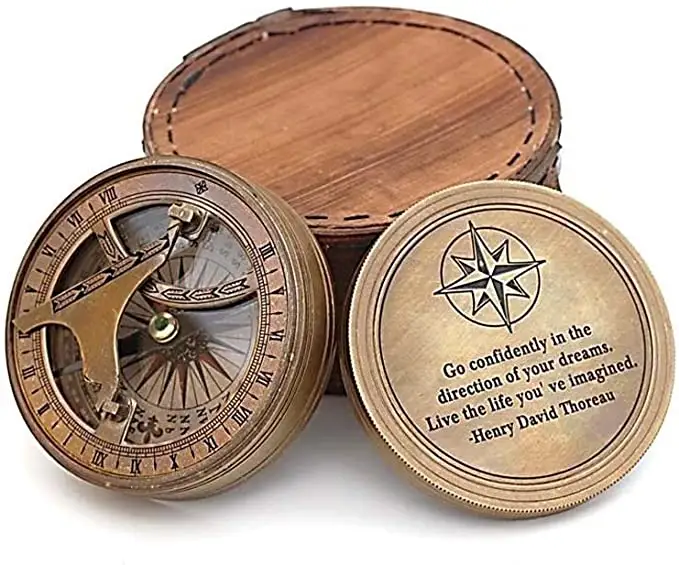 New Nautical Brass Hot selling quality premium luxury Nautical Sundial Compass Leather Box Collectible In Hand Engraved Design