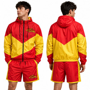 Street Fighter <b>Men's</b> Red Yellow Solid Hooded Windbreaker <b>Jacket</b> Shorts Set Streetwear <b>Summer</b> Breathable Quick Dry Knitted - Product Image 2