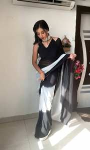 Sarees Indios Listos para Usar, Saree de 1 Metro Listo para Usar, Bordado con Lentejuelas Estilo Bollywood, Georgette Sintética Color Durazno, Sarees para Fiestas - Product Image 2