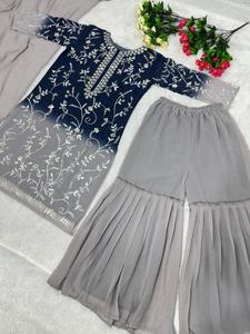 Hermoso Plazo Set Heavy Faux Georgette con pesado trabajo de secuencia de bordado de 5mm con Latkan Dori Micro algodón de alta calidad - Product Image 2