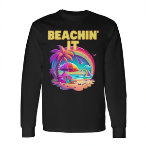 Camiseta promocional de manga larga a la moda con diseño de arcoíris de playa colorido de verano de los años 80 de Beachin It Retro - Product Image 2