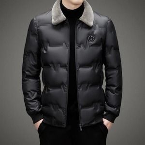 Mens Casual Winter Jacket with Stand Fur Collar Cotton Blend Warm Coat for Mature Wear Front Logo Design - Product Image 6