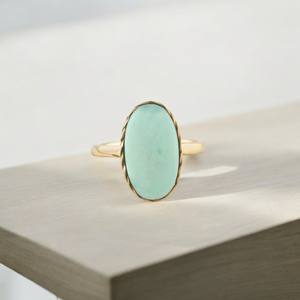Bague en argent sterling 925 faite à la main, belle pierre précieuse de calcédoine chrysoprase naturelle, monture ovale en plaqué or - Product Image 1