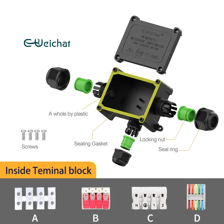 E-weichat terminais elétricos do cabo do gabinete plástico bloco ip68 à prova d' água caixa de junção ao ar livre