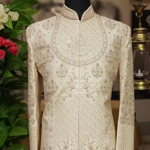 ELEGANT-BEAUTIFUL EMBROIDERY on GROOM SHERWANI and <b>PANT</b> WITH EMBELLISHED CRYSTAL GLASS BEADS,DABKA,STONE WORK for WEDDING=2024 - Product Image 1