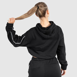 Wholesale Custom Oversized Solid Puff <b>Printed</b> Embroidery Drawstring Knitted Fleece Women's Cropped Hoodies Set 100% Cotton - Product Image 2