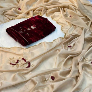 "Precioso Sari de seda con borde Cutdana de tres capas con estampado floral para mujer" - Product Image 1