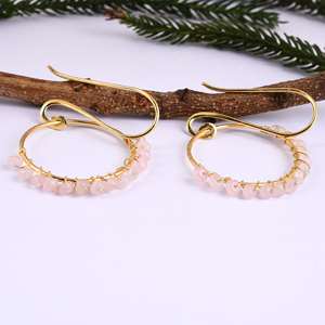 Boucles d'oreilles en argent sterling 925 avec plaqué or perles de quartz rose à la mode forme de crochet de pierres précieuses pour cadeau de mariage ou fête - Product Image 4