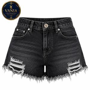 Shorts en jean skinny taille haute déchirés et usés pour femme VANIA ENTERPRISES avec ceinture, style vintage, été, noir, coton - Product Image 1