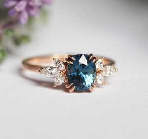 Delicate Fantastic Women Jewelry Rose <b>Gold</b> <b>Cushion</b> Cut <b>Blue</b> Sapphire <b>And</b> Marquise Cut Diamond Ring Genuine Engagement Rings - Product Image 1
