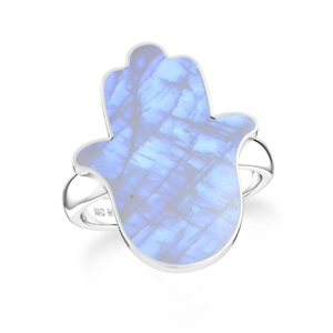 Anillo de Plata de Ley 925 con Engaste de Bisel, Piedra Lunar Arcoíris, Forma Ahimsa, Rebanada Natural, Elegante y Moderno para Bodas y Fiestas - Product Image 1