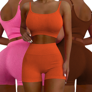 Women Ribbed 2 Piece Shorts Set with Spaghetti Strap Crop <b>Top</b> Summer Seamless Activewear in Pink Orange and Brown Colors - Product Image 2