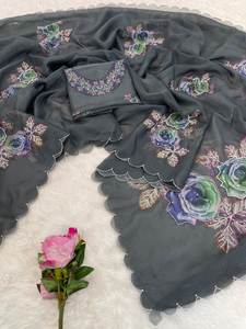 Sari de Seda Pura Ligero con Borde Estampado de Corte Elegante para Uso Diario y Fiestas de Oficina, con Pieza de Blusa, de SIE - Product Image 5