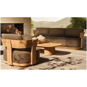 Sofá moderno de alta gama de 3 plazas de madera de teca maciza para exteriores, tapicería impermeable, acabado natural para hoteles de sala de estar contemporáneos - Product Image 6