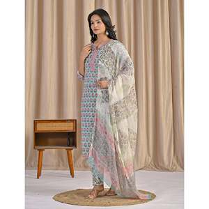 Ensemble Kurta et pantalon en coton imprimé à la main vert, style décontracté printanier - Product Image 4
