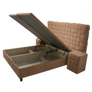 Ensemble de lit moderne et durable avec tête de lit rembourrée en tissu, base de rangement et pieds en bois, personnalisable pour chambre B2B – Confort et luxe - Product Image 3
