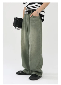 Pantalones Vaqueros Verdes Deshilachados de Cintura Media, Lavados y Holgados, Personalizados para las Cuatro Estaciones, para Hombre - Product Image 2