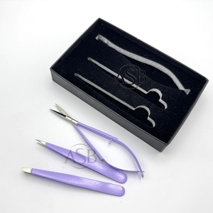 Pince à sourcils de couleur violette Logo personnalisé en acier inoxydable pointes pointues inclinées pince à sourcils avec ciseaux à ressort et boîte - Product Image 1