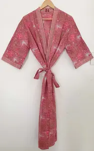 Women's Traditional Kimono Long Robe Peach Blossom Pink Print with Obi <b>Belt</b> Size 6XL Beach Parties Formal Events Cloth Material - Product Image 2