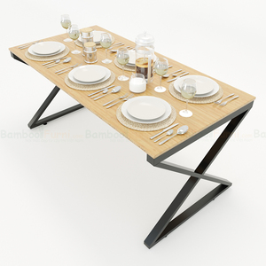 BFBA017 โต๊ะรับประทานอาหารไม้ไผ่ขาเหล็กทรง X ขนาด 160x80 ซม. ชุดประกอบสำเร็จและขยายได้สำหรับเฟอร์นิเจอร์ห้องนั่งเล่น - Product Image 1
