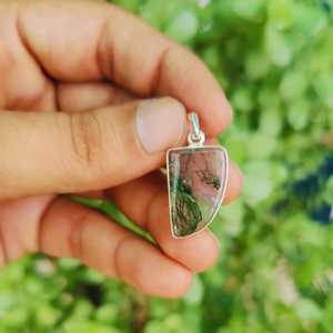 Pendentif Agate Mousse Bijoux en pierres précieuses naturelles Argent sterling 925 Collier en pierre verte unique Pendentif en cristal Boho Cadeau fait main - Product Image 5