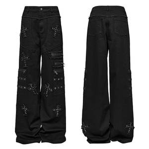 Pantalon large à jambes larges pour femmes, noir, gothique, punk, avec patch en forme de croix, décoratif, avec fermetures éclair - Product Image 4