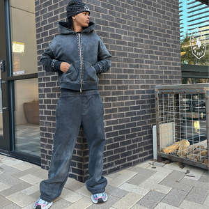 Ensemble sweat-shirt et pantalon de survêtement pour homme, en coton 100%, avec strass, lavage à l'acide, surdimensionné, fermeture éclair intégrale, personnalisé, poids lourd, pour homme et femme - Product Image 5