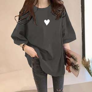 Camiseta de estilo callejero para mujer de Color rosa, camisetas de manga corta con cuello redondo y estampado de corazón informal de verano para mujer - Product Image 4