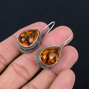 Boucles d'oreilles en argent sterling 925 avec pierres précieuses en ambre de la Baltique Boucles d'oreilles créoles de style bohème pour femmes et filles avec fil à crochet - Product Image 3