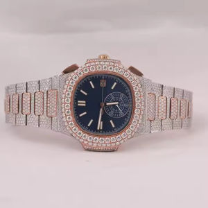 Impresionante reloj mecánico con esfera De fecha clásica de lujo, esfera elegante de tono azul oscuro con caja de acero de diamante Moissanite cuadrado helado completo - Product Image 1